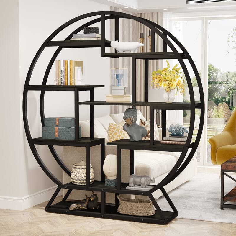 Industrial Round Bookshelf with 14 Shelving Units, Indoor Plant Stand - 11.81"D x 59.05"W x 62.59"H - Black