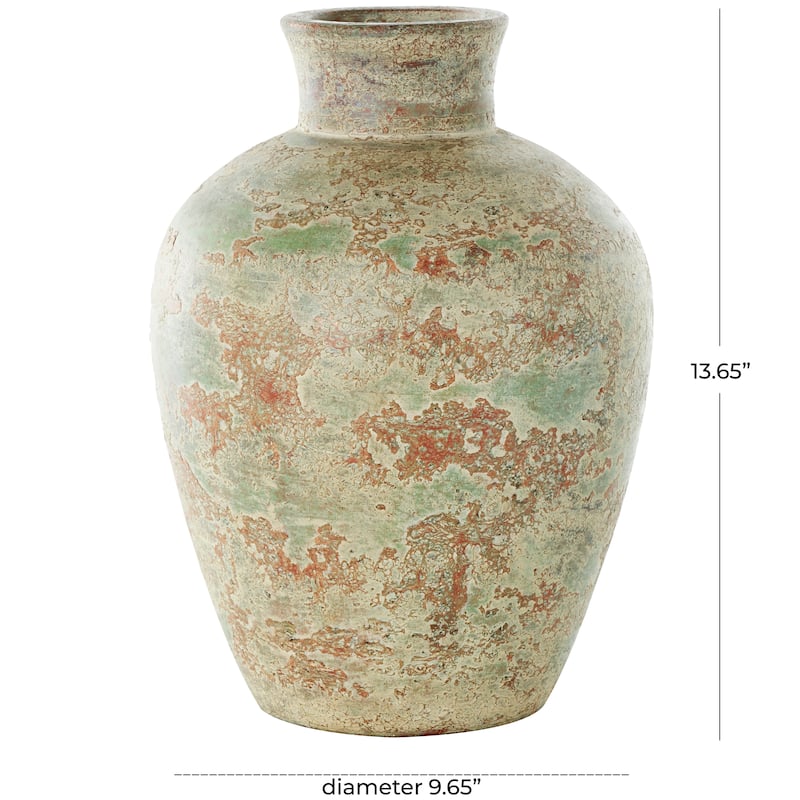 Brown Ceramic Antique Style Textured Decorative Vase with Green and Copper Accents