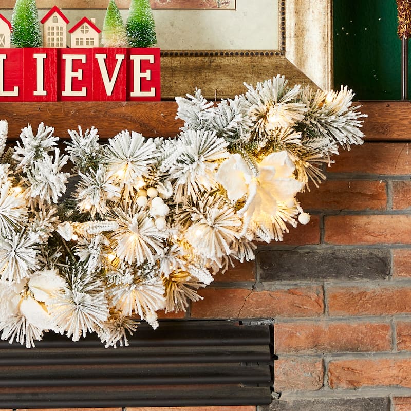 Glitzhome 3ft Pre-Lit Snow Flocked Flower Christmas Swag