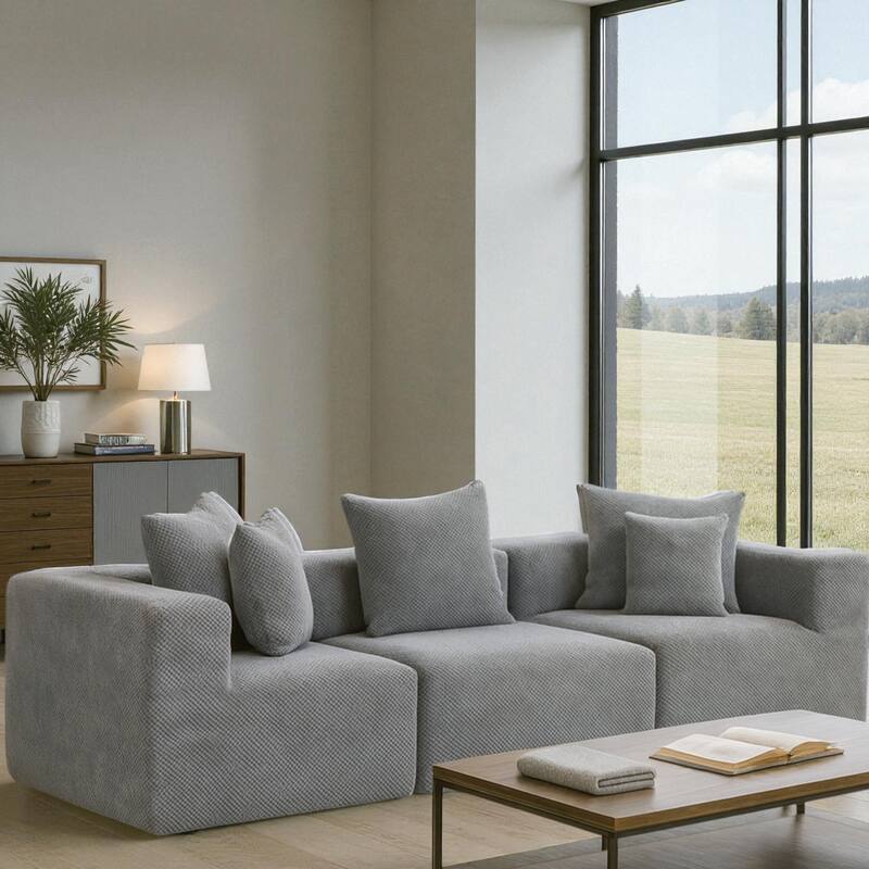 111" Oversized Modular Deep-Seat All-Foam Sectional Sofa in Soft Textured Chenille, 3-Piece Low-Profile Couch for Living Room - Grey