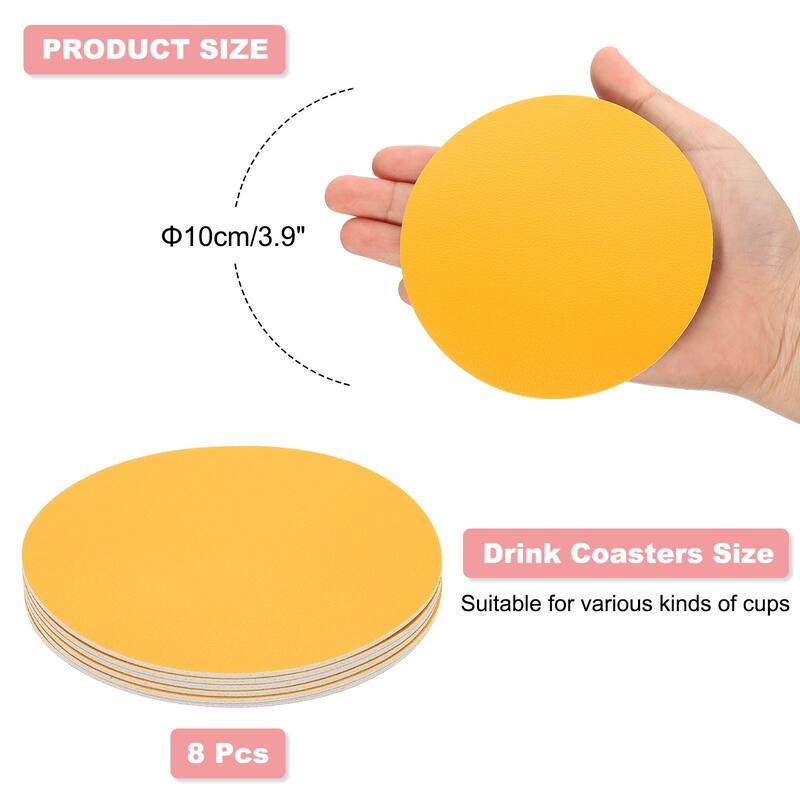 8Pcs 4"×4" Round Drink Coasters, PVC Dual Sided Dual Color - Yellow & Gray