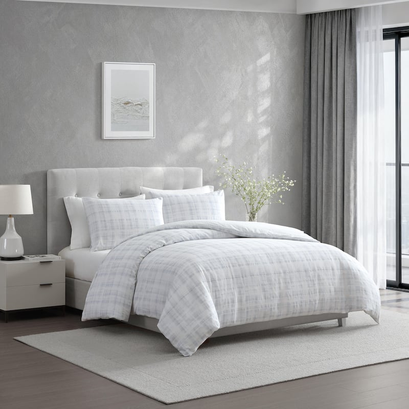 Vera Wang Blurred Plaid Cotton Sateen Textured Reversible Duvet Cover Set (Blue, 3 Piece)
