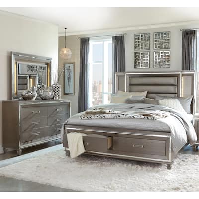 Glam LED Light 3pc Bedroom Set Silver Gray Finish Bed Dresser Mirror