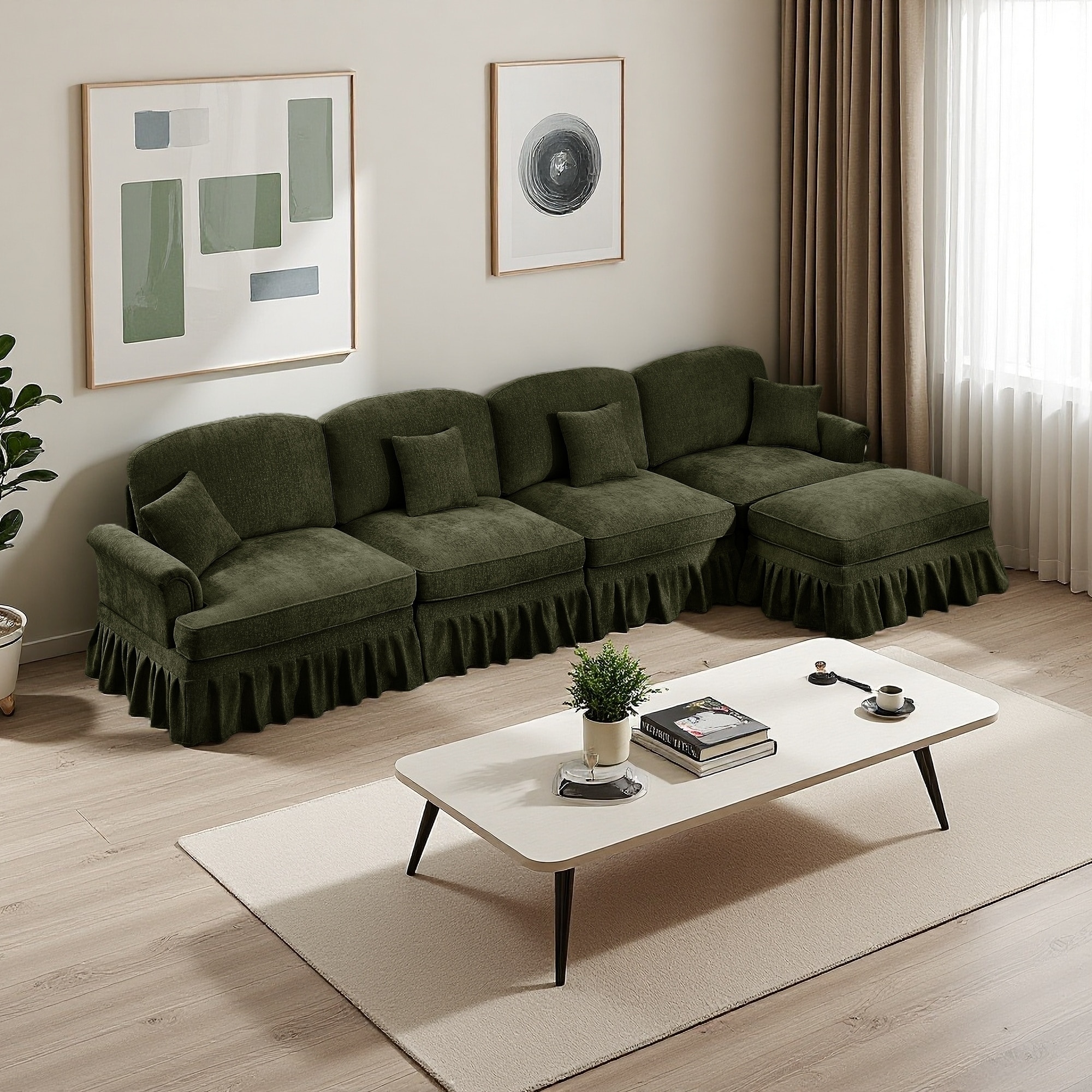 137.8" Chenille L-Shaped Modular Sectional Sofa with Flared Arms, Removable Skirt and Movable Ottoman (4-Seater)