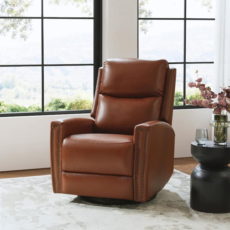 Fiacro 30.31"Wide Mid-Century Modern Genuine Leather Wingback Swivel Rocker Recliner with Nailhead Trims