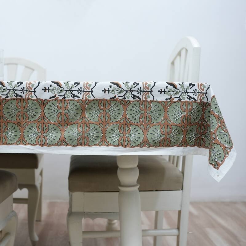 Fabdivine Handmade Block Print Cotton Brown Table Cover or Cloth Dining, Farmhouse & Kitchen Décor