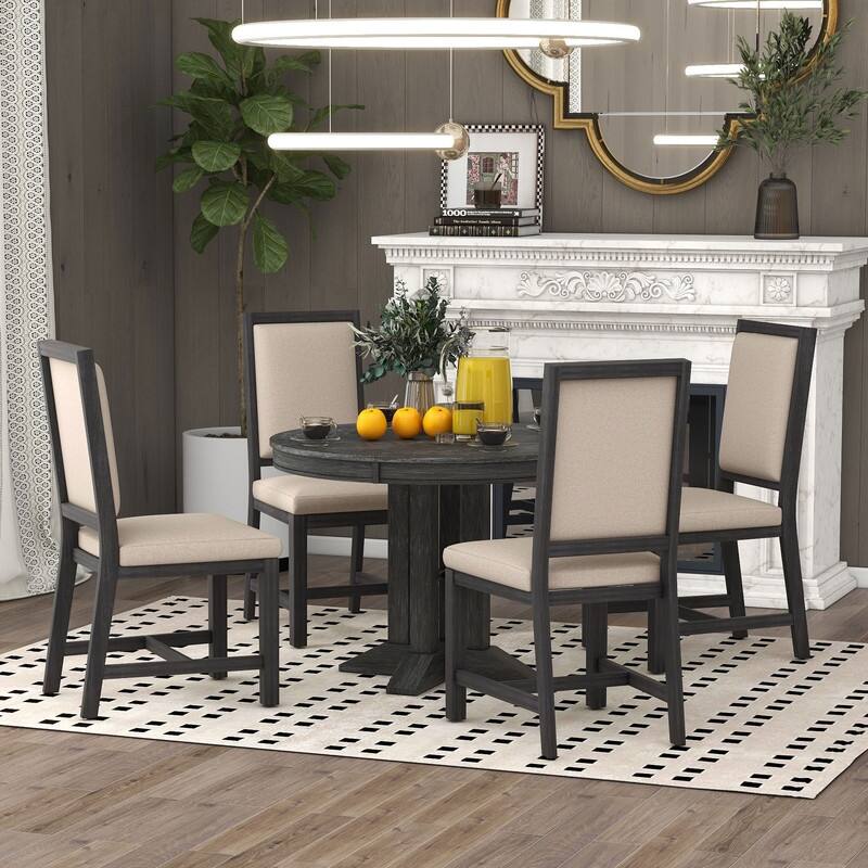 Spruce & Spring Round Dining Table Set for 4, Extendable 5-Piece Mid Century Modern Farmhouse Table with Upholstered Chairs - Black