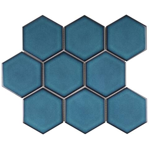 TileGen. 4" x 4" Hexgon Crystal Porcelain Mosaic in Blue Wall Tile (11 sheets/9.02sqft.)