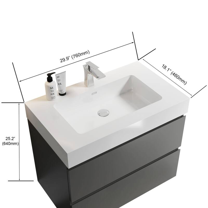 30"Bathroom Vanity with Sink,Storage Wall Mounted Floating Bathroom Vanity, One-Piece White Sink Basin without Drain and Faucet
