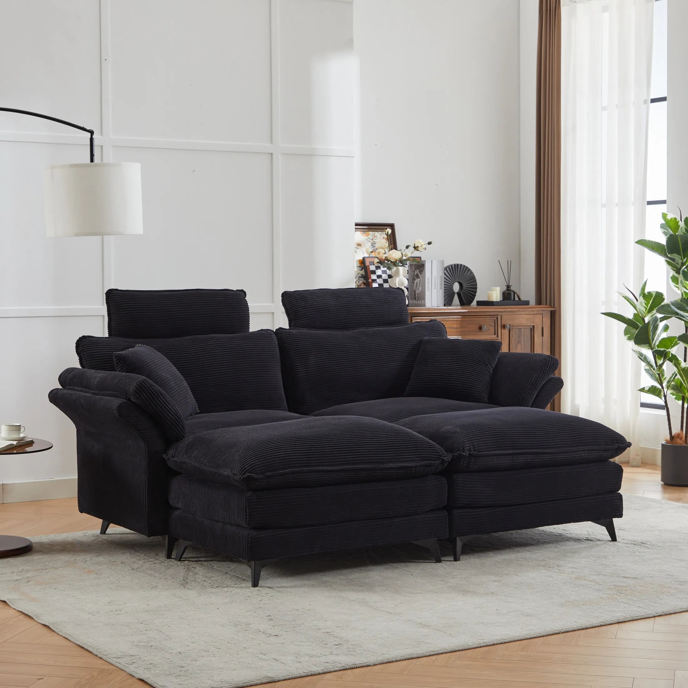 Modular Sectional Sofa Corduroy Comfy Cloud Couch with Ottomans Black