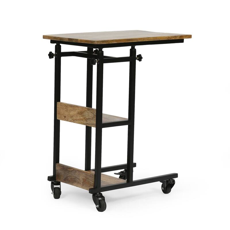 C Shaped End Table with Metal Frame and Wood Top