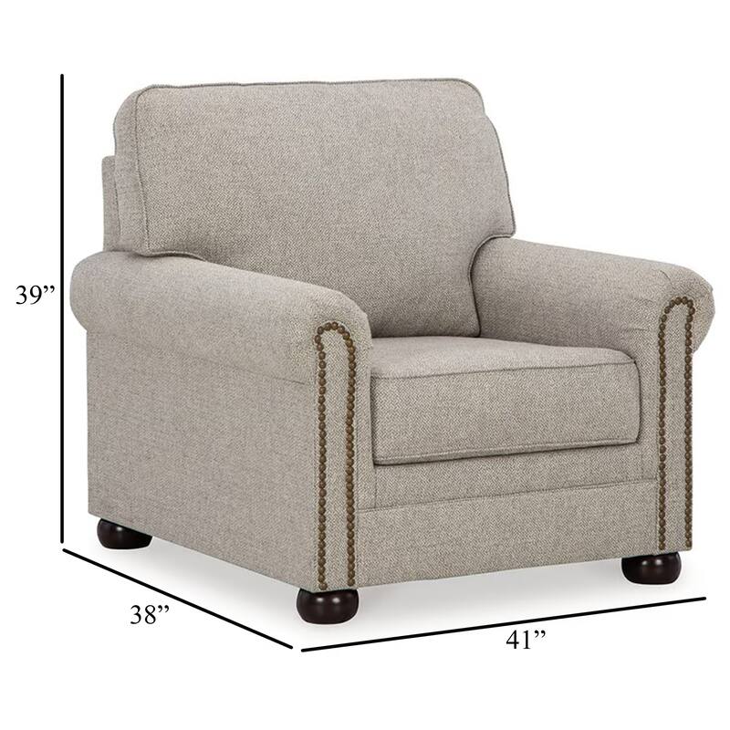 Gael Accent Armchair, Gray Beige Polyester, Dark Brown, Nailhead Trim