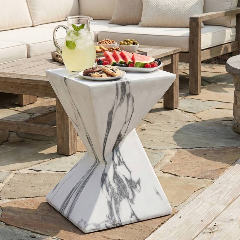 Christopher Knight Home - Modern Indoor/Outdoor 18.5"H Geometric Faux Marble MgO Accent Side Table with Sculptural Fluted Design - Faux Marble