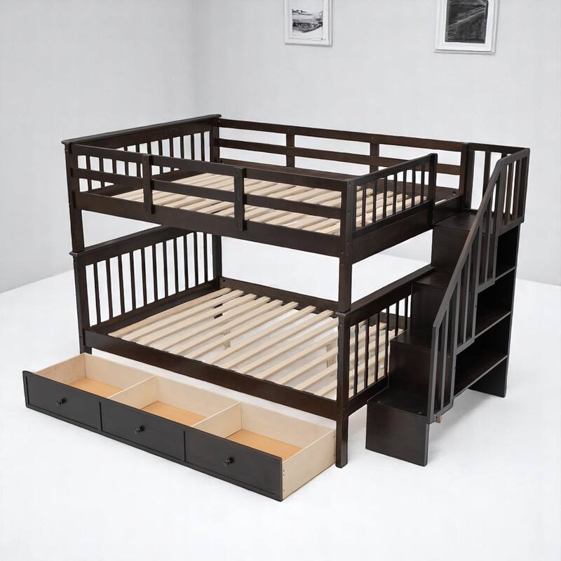Full Over Full Bunk Bed with Storage Staircase and Shelves, Convertible Design, No Box Spring Needed,kid beds