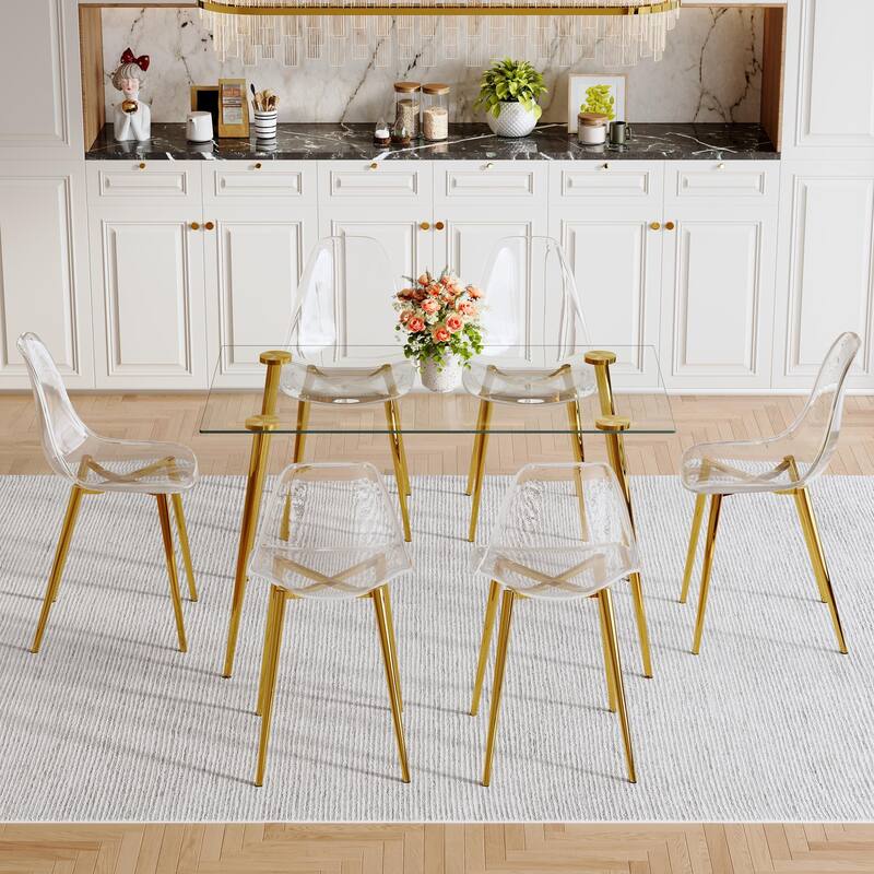Modern Luxurious Rectangular Tempered Glass Dining Table Set- with 6 Transparent Plastic Chairs with Gold Metal Legs