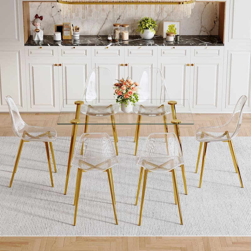 Modern Luxury Rectangular Tempered Glass Dining Table Set with 6 Transparent Chairs and Gold Legs