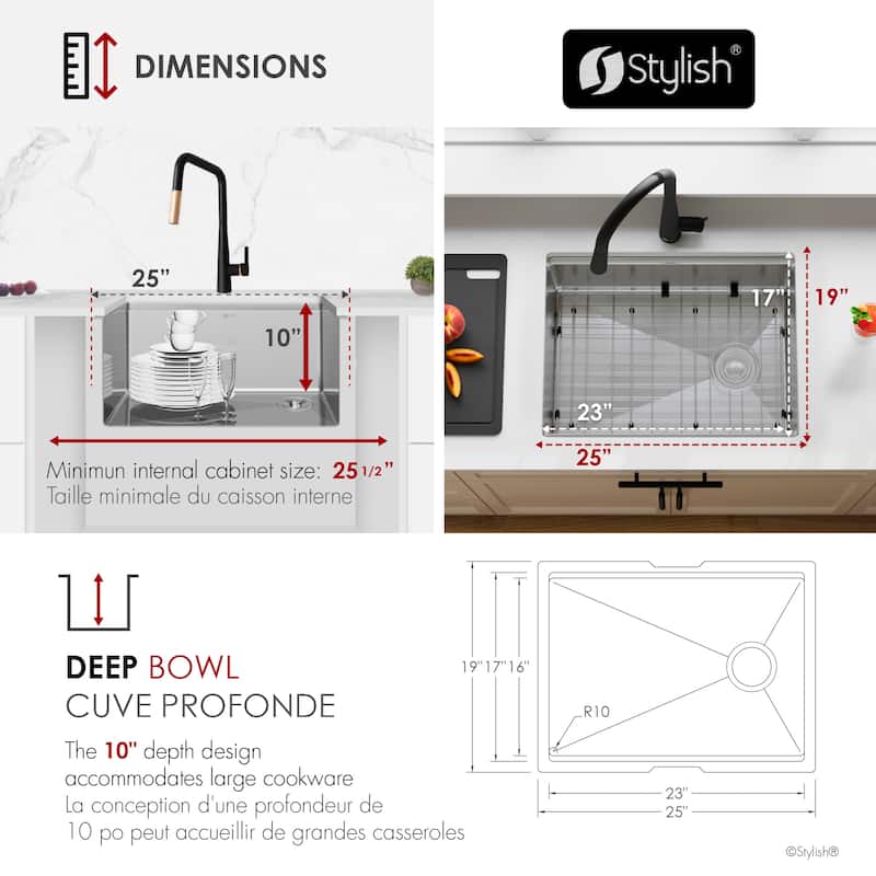 Undermount 25 inch Stainless Steel Single Bowl Workstation Kitchen Sink with Black Accessories Handmade