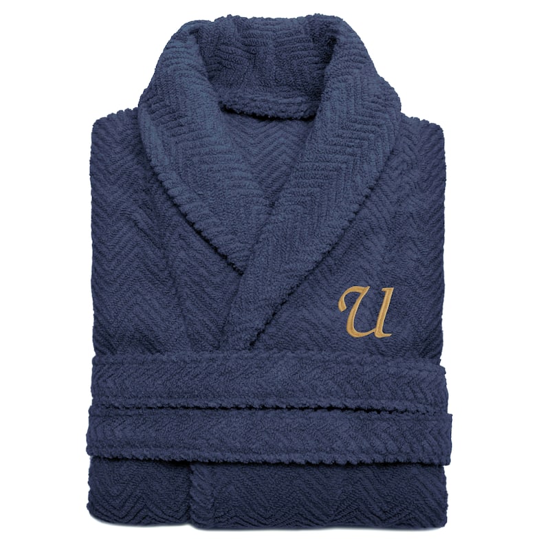 Authentic Hotel and Spa Midnight Blue with Gold Monogrammed Herringbone Weave Turkish Cotton Unisex Bath Robe - S/M - U
