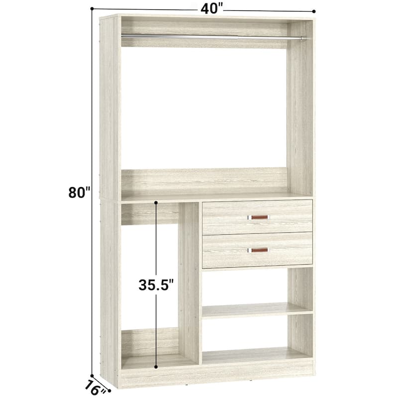 40''W Large Closet Organizer with Hanging Rod, Freestanding Closet System Wardrobe with Wood Drawers
