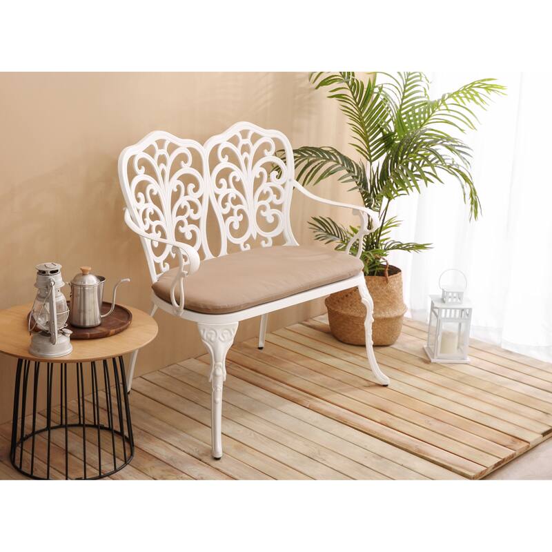 Patio Garden Bench Metal Park Bench Cast Aluminum Outdoor Furniture With Floral Rose For Patio,Park,Lawn,Yard With Cushion