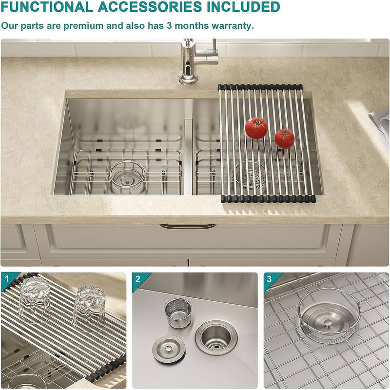 33x19 Undermount Double Bowl Kitchen Sink (50/50) in 18 Gauge Stainless Steel with 9 Inch Deep basin - 33*19*9