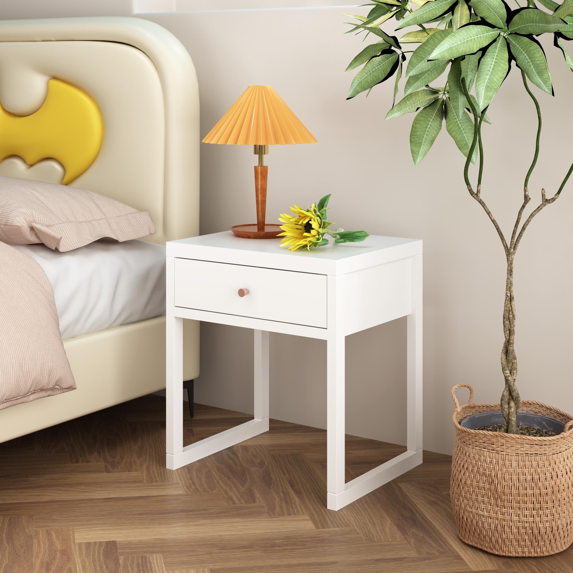 Modern White Nightstand with Drawer and Wood Knob, Minimalist Bedside Table for Bedroom, Apartment