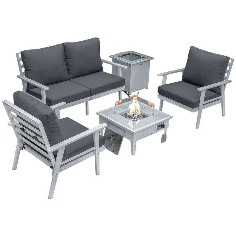 Walbrooke Modern 5-Piece Aluminum Patio Polyester Seating Furniture Set with 37,000 BTU Propane Fire Pit Table and Tank Holder - Charcoal