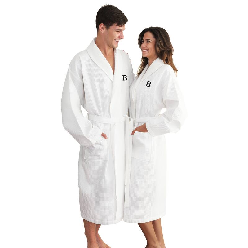 Authentic Hotel and Spa White Unisex Turkish Cotton Waffle Weave Terry Bath Robe with Black Block Monogram