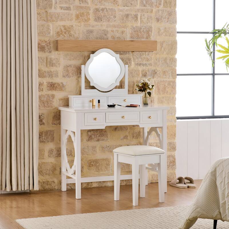 Makeup Vanity Table Dressing Table with Reversible Mirror and Stool