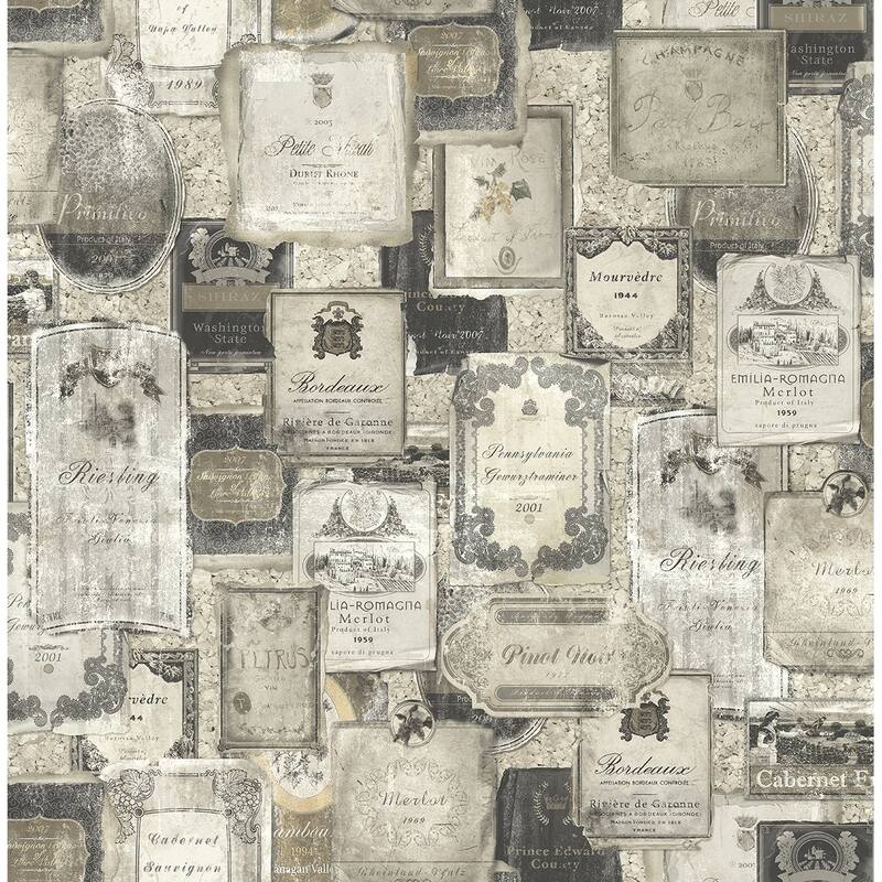 Seabrook Designs Amaya Wine Labels Unpasted Wallpaper - 20.5 in. W x 33 ft. L - Greige & Espresso