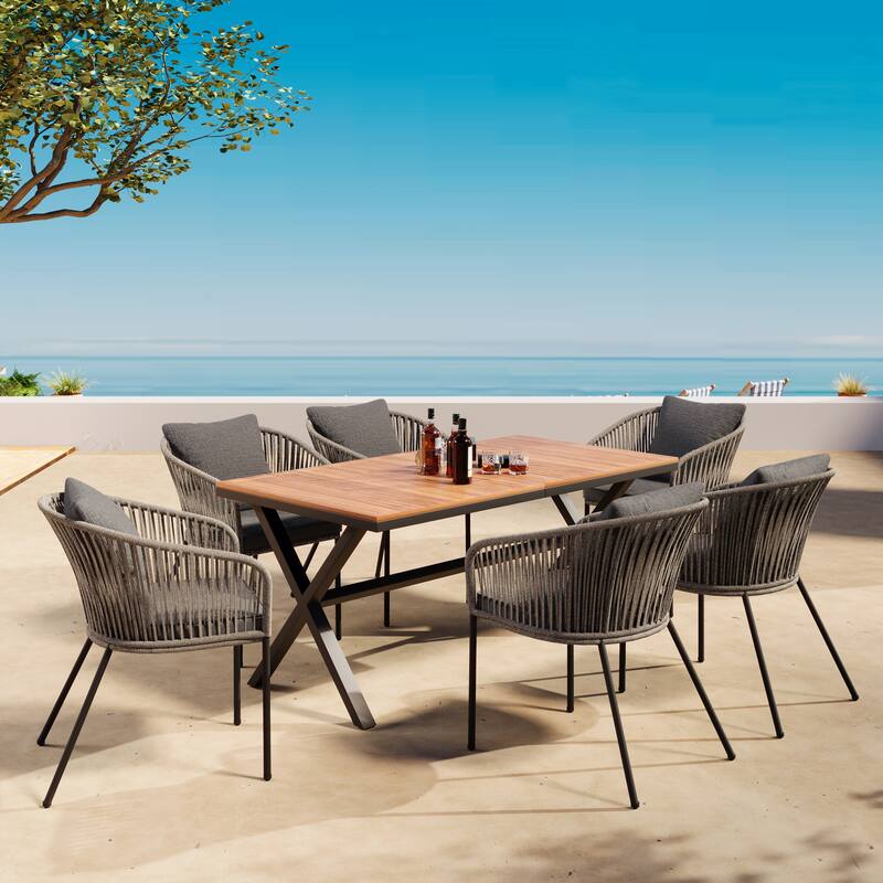 ​​7-Pc Grey Patio Dining Set w/ Acacia Table & Metal Chairs - Grey