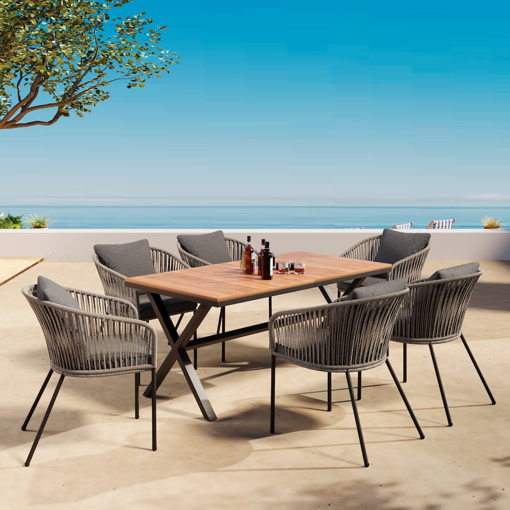 ​​7-Pc Grey Patio Dining Set w/ Acacia Table & Metal Chairs