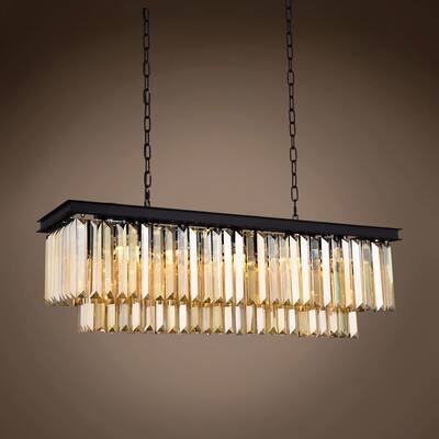 12 Light 40" Golden Teak Glass Fringe Grey Iron Chandelier & Led - 18.00
