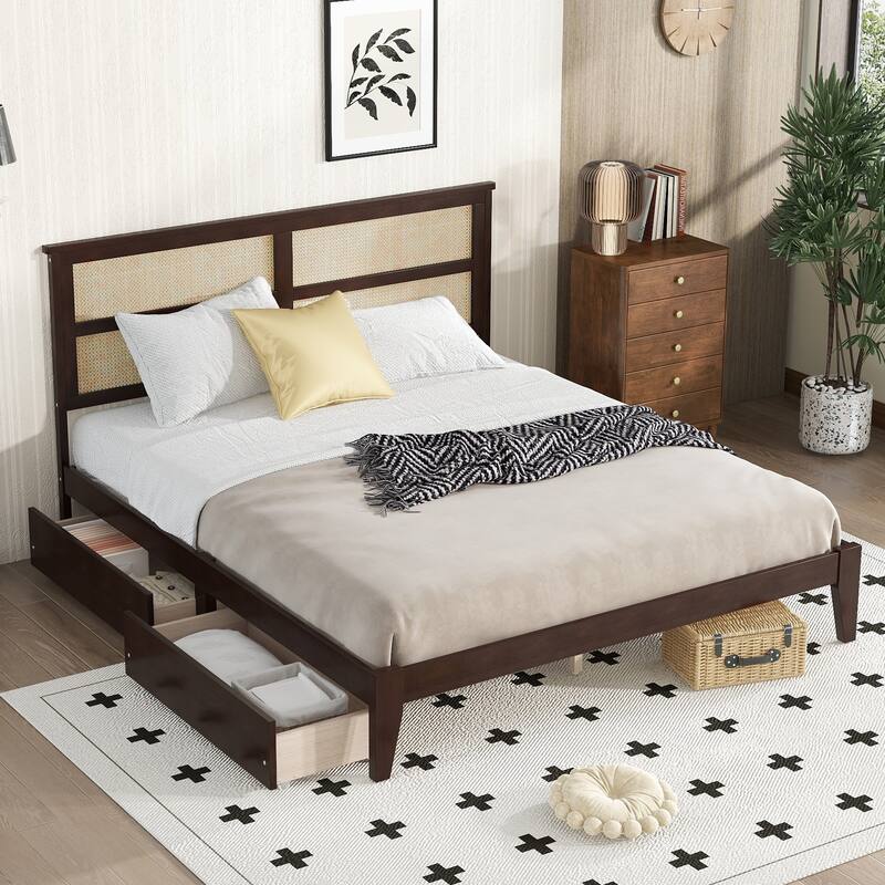 Bed with Rattan Headboard, Two Storage Drawers, Rubber Wood Bed with Enhanced Support Salts and Feet