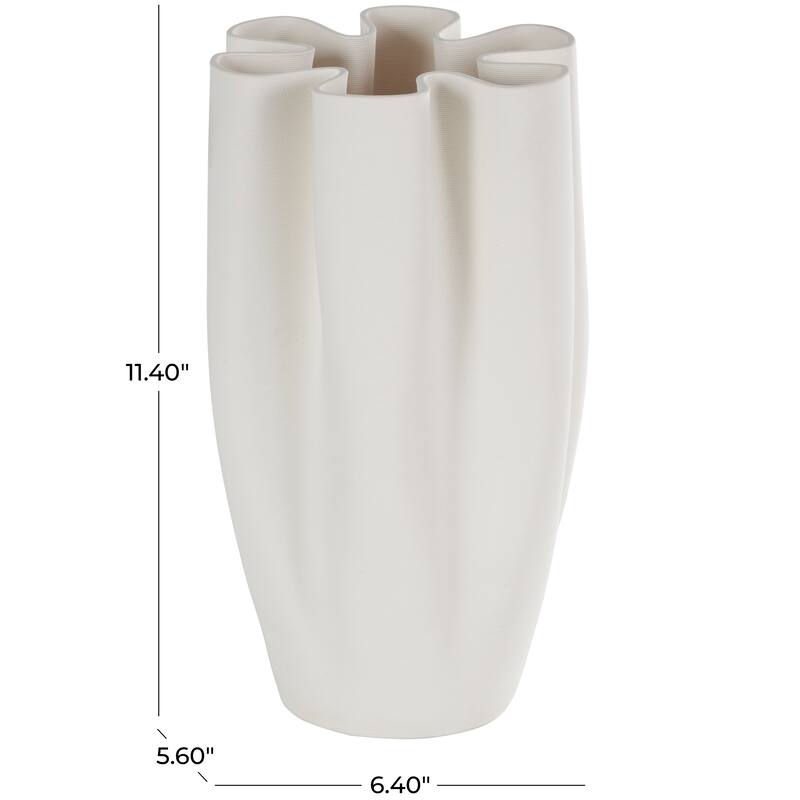 White Ceramic Ribbed Dimensional Folded Abstract Decorative Vase with Floral Shaped Rim