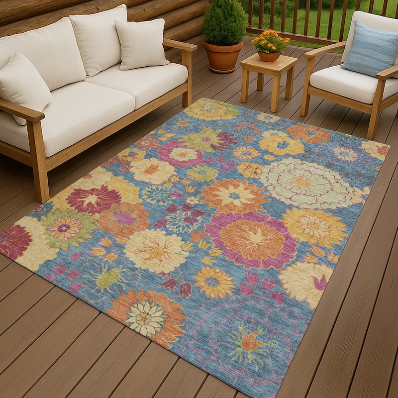 Machine Washable Indoor/ Outdoor Modern Floral Chantille Rug