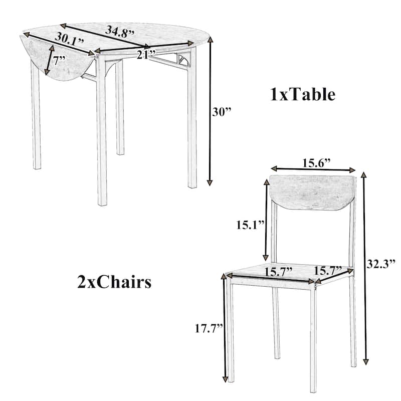 3 Piece Foldable Dining Table Set, Wood Kitchen Furniture Set with 2 Chairs and Drop Leaf Table with Metal Frame