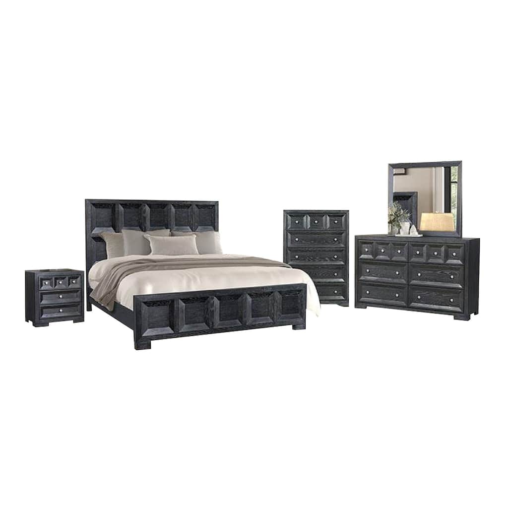 Kizie 5pc Queen Bedroom Set, Rustic Black, XL Nightstand Chest, Mirror