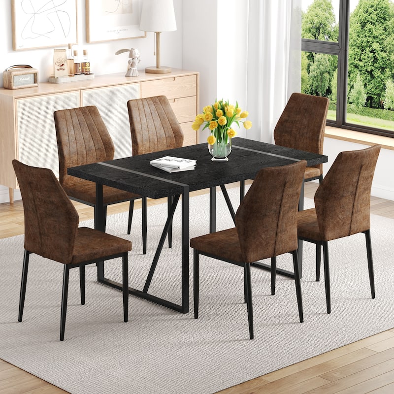 5-Piece/7-Piece Dining Table Set, Rectangular Table with Brown Dining Chairs, Stylish Dining Room Furniture for 4/6 People - Brown+Black - 7-Piece