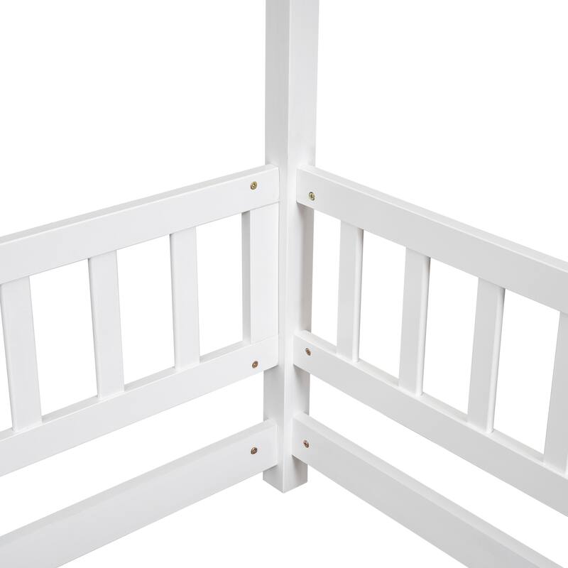 Floor Wooden Bed with House Roof Frame, Fence Guardrails