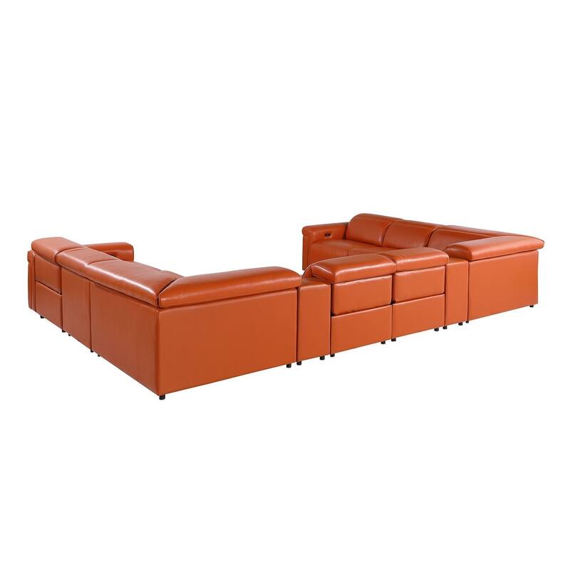 HomeRoots Camel Italian Leather Power Reclining U Shaped Ten Piece Corner Sectional With Console