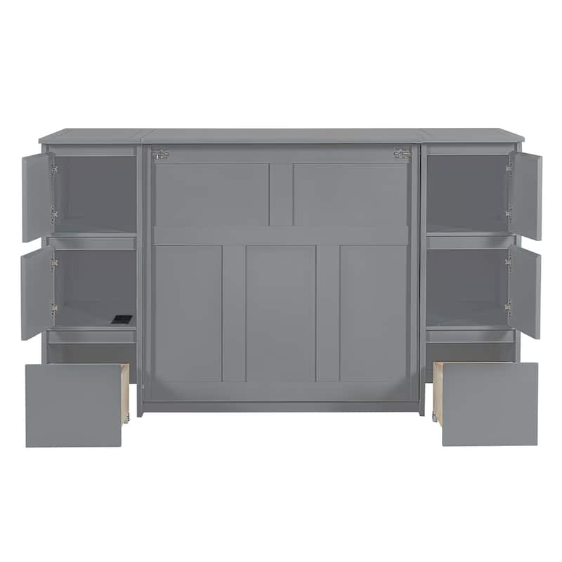 Modern Style Murphy Bed with Drawers, Cabinets and USB Ports for Bedroom