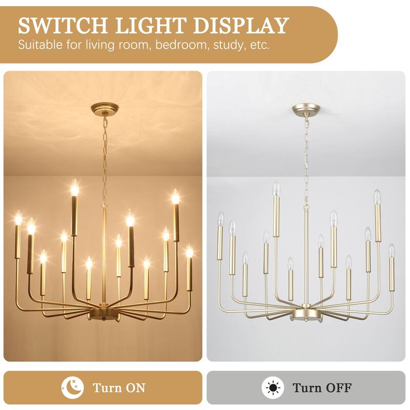 12-Light Rustic Candle Style Hanging Linear Chandelier Lighting for Kitchen Island
