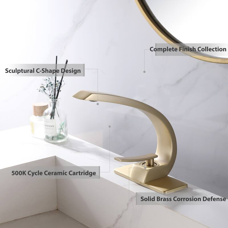 Modland C-Shaped Single Hole Bathroom Faucet, 500K Cycle CUPC Certified, 6-Inch Cover Plate, Black / Gold / Nickel / Chrome