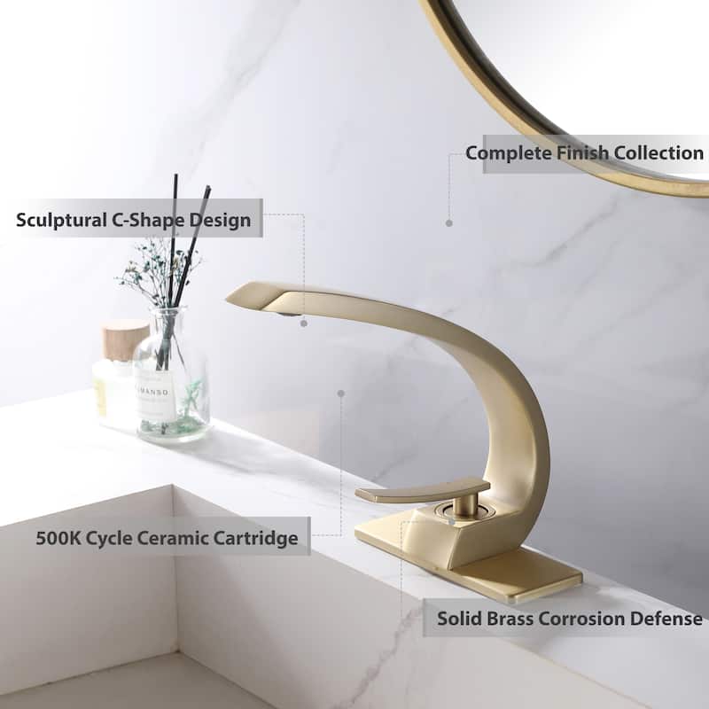 Modland C-Shaped Single Hole Bathroom Faucet, 500K Cycle CUPC Certified, 6-Inch Cover Plate, Black / Gold / Nickel / Chrome