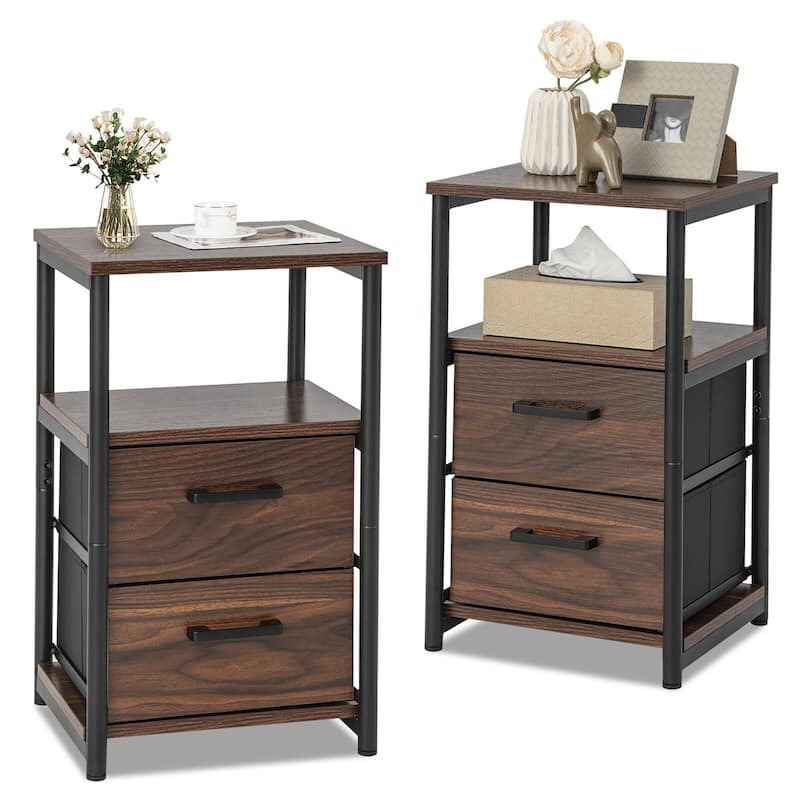 Gymax 2PCS Nightstand Bedside End Table with 2 Fabric Drawers & - Brown - MDF