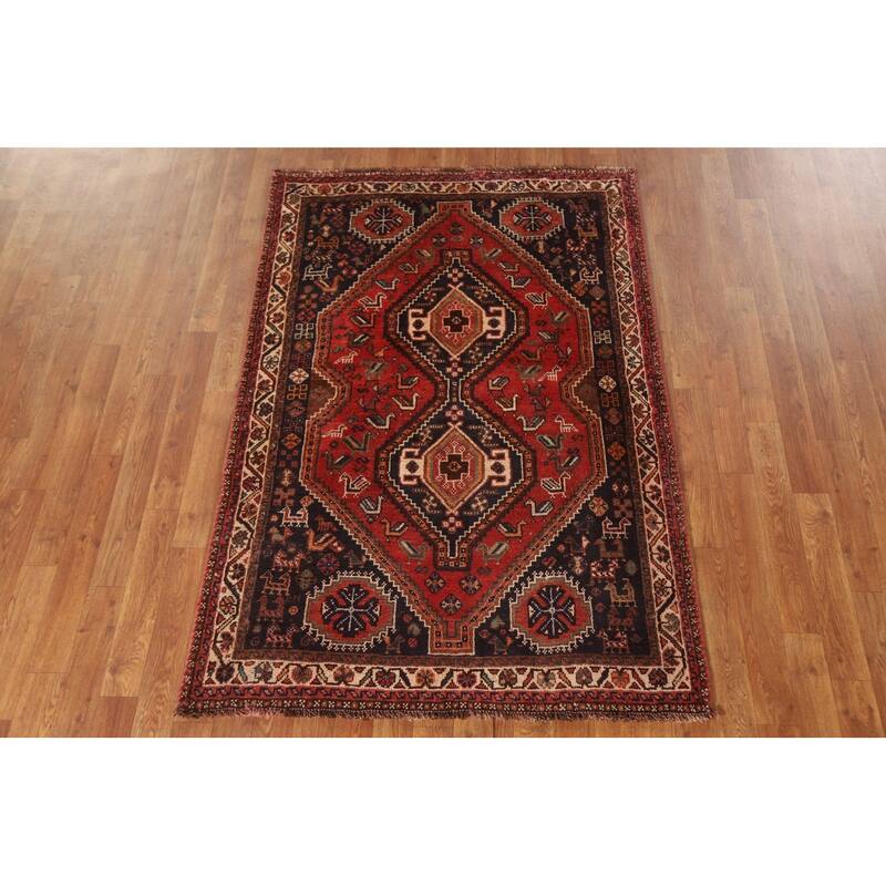 Tribal Red Shiraz Persian Vintage Area Rug Hand-knotted Wool Carpet - 3'8"x 5'5"