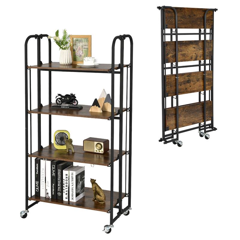 Costway 4-Tier Folding Rolling Cart Portable Storage Shelves w/Wheels - See Details - Rustic Brown