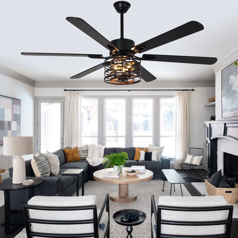 Bella Depot 65" Industrial Metal Cage Ceiling Fan with Light and Remote 6-Speed Reversible Fan