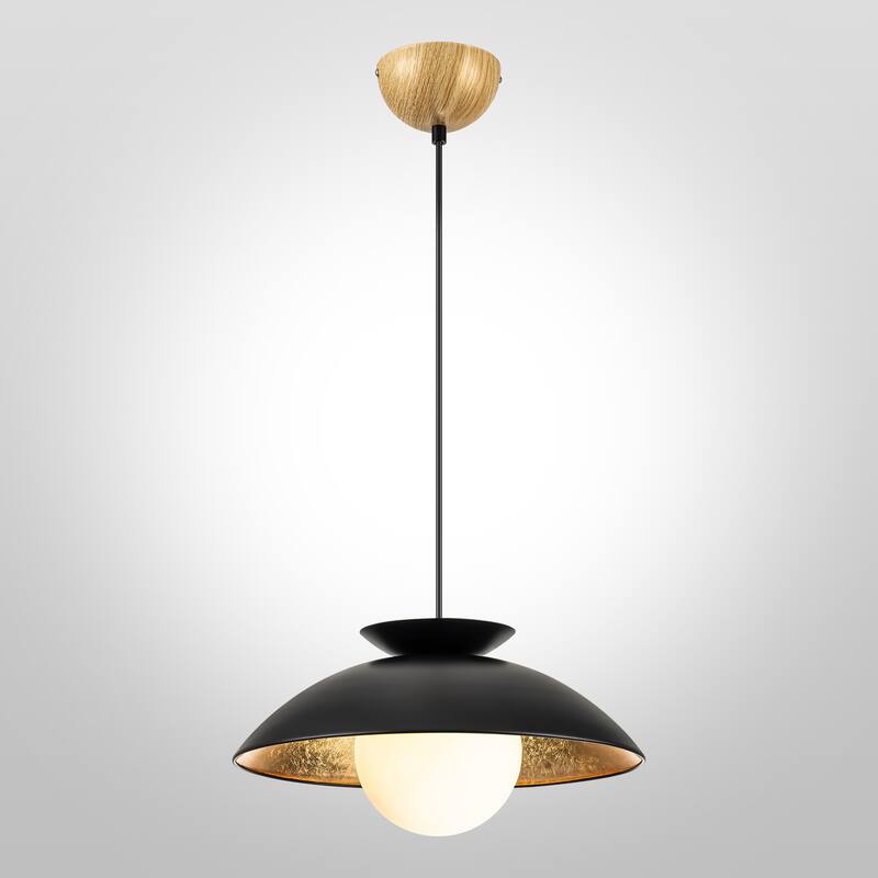 1-Light Modern Dome Gold Leaf Wood Frosted Glass Globe Bubble Pendant Light for Kitchen Island